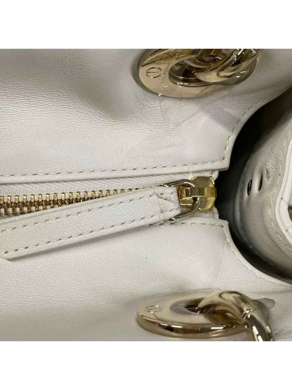 Dior Handbag Lady Bag White Gold Leather